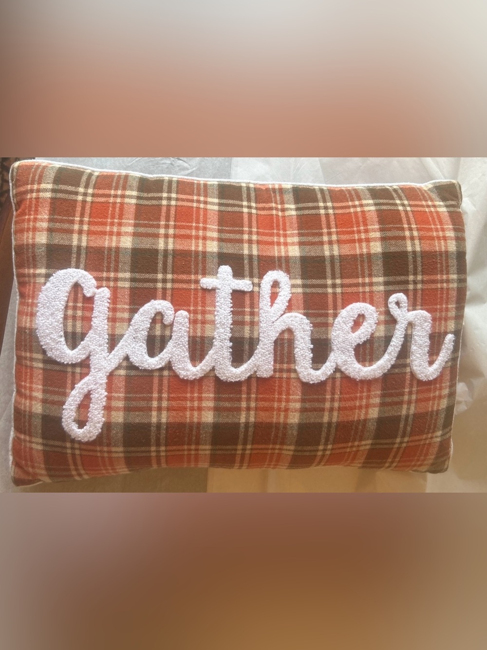 Gather"Plaid Throw Pillow Orange Brown Cream bouclé/sherpa-style embroidery